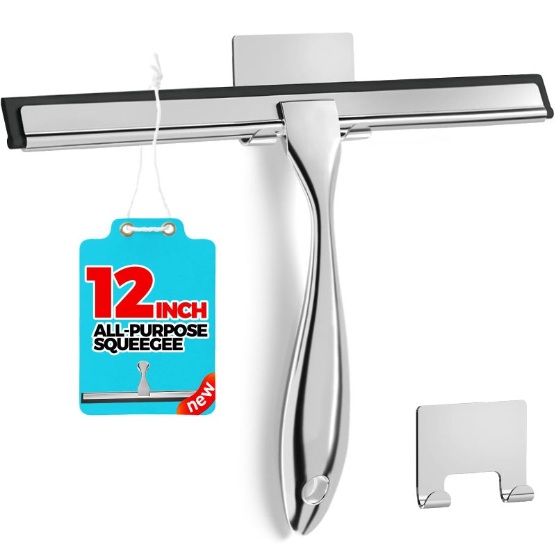 ALFLOD 12-Inch All-Purpose Shower Squeegee for Shower Doors  Tile Shower Walls  Bathroom  Window  Glass and Car Windshield  Mirrors and Kitchen-Stainless Steel  Silver - Image 1